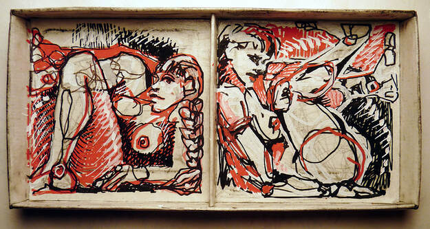 Drawing of two female figures in a divided paperboard box; by Kim-Lee Kho